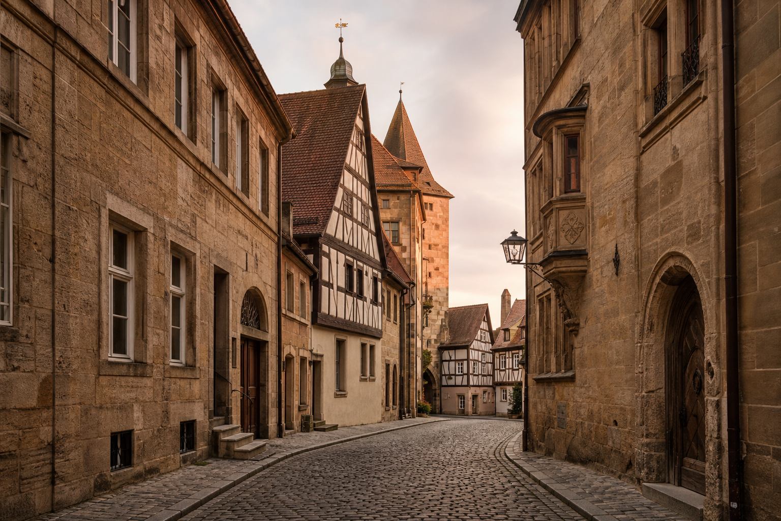 Steinerne Gassen und Fachwerk in Rothenburg ob der Tauber bei warmem Abendlicht