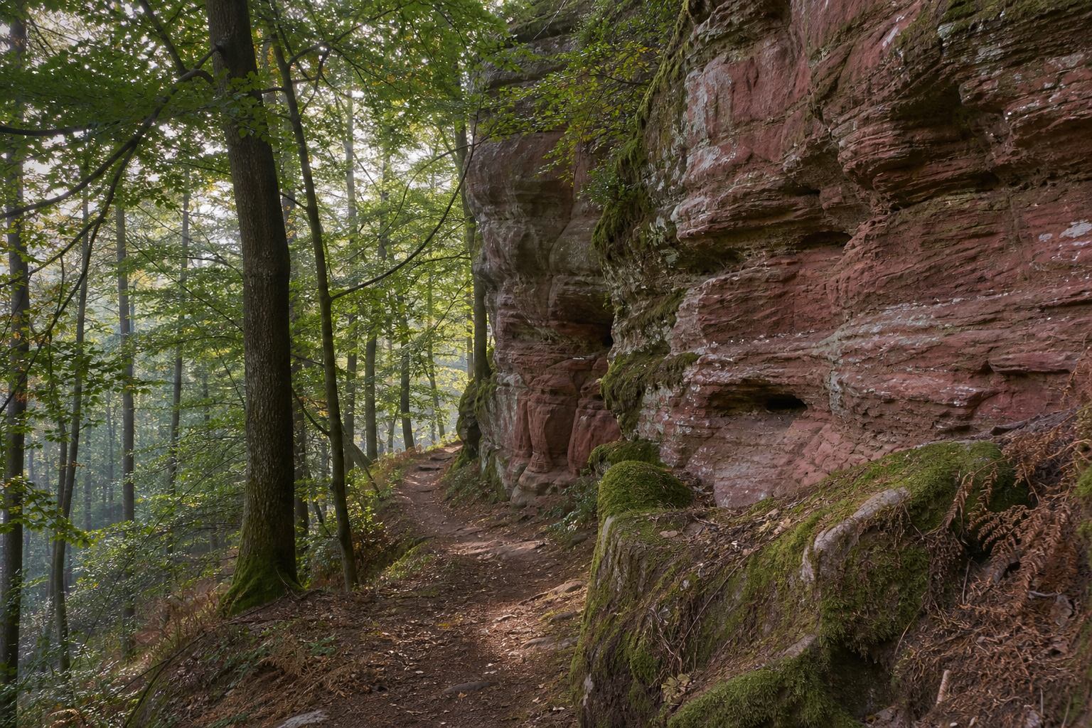 Rosafarbene Sandsteinfelsen im Dahner Felsenland der Pfalz bei Morgenlicht